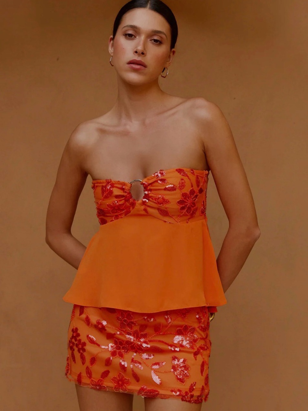 Peppermayo Orange Sequin Strapless Peplum Mini Dress